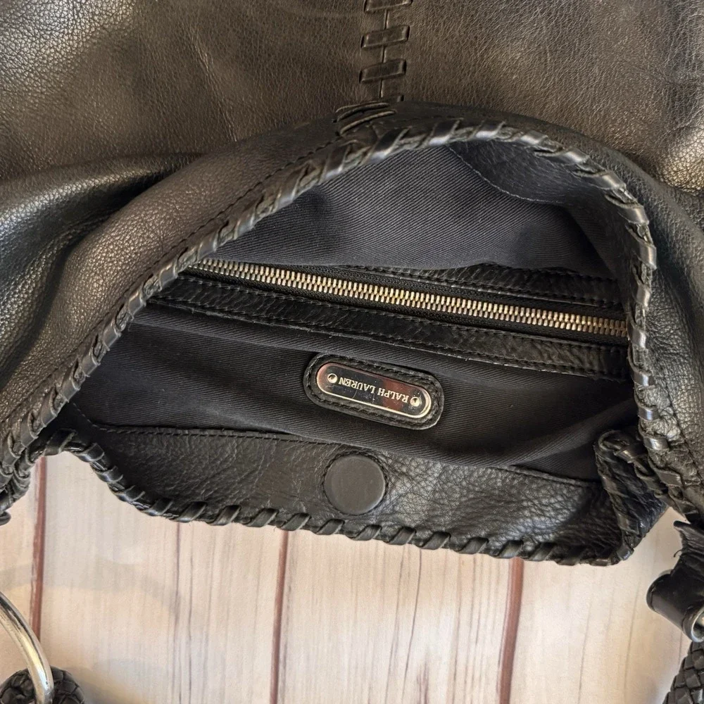 Ralph Lauren Black‎ Leather Braided Strap Hobo Shoulder Bag Whipstitch Rings